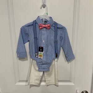Izod Blue Checkered Shirt with Pink Bow Tie and Suspenders